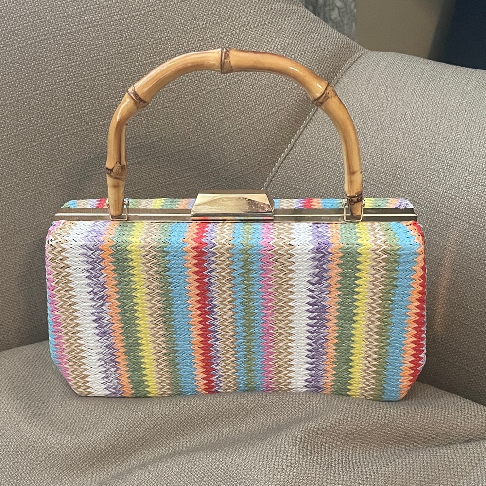 Multicolor Zigzag Pattern Clutch With Bamboo Hand… - image 1